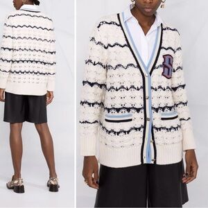 Sandro - Ludvik Cream Crochet Cardigan Sweater w Logo Patch Pocket - size Small